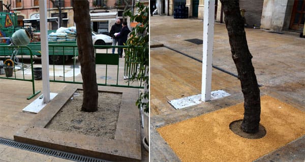 Antes y después de la actuación en los alcorques de la Plaça de la Font