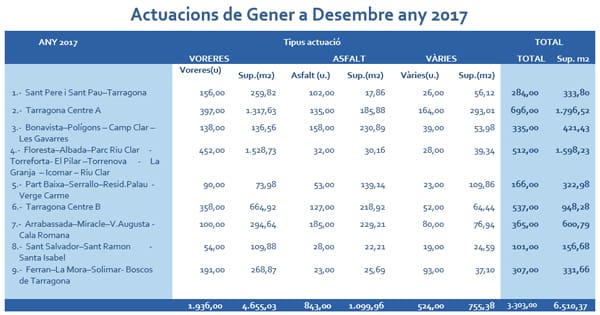 Taula d'actuacions de la BIR de gener a desembre de 2017