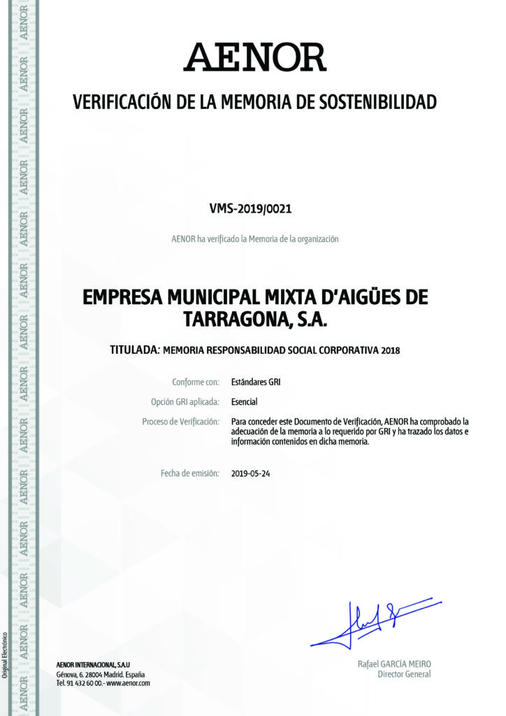 Certificado de verificación RSC Ematsa 2018